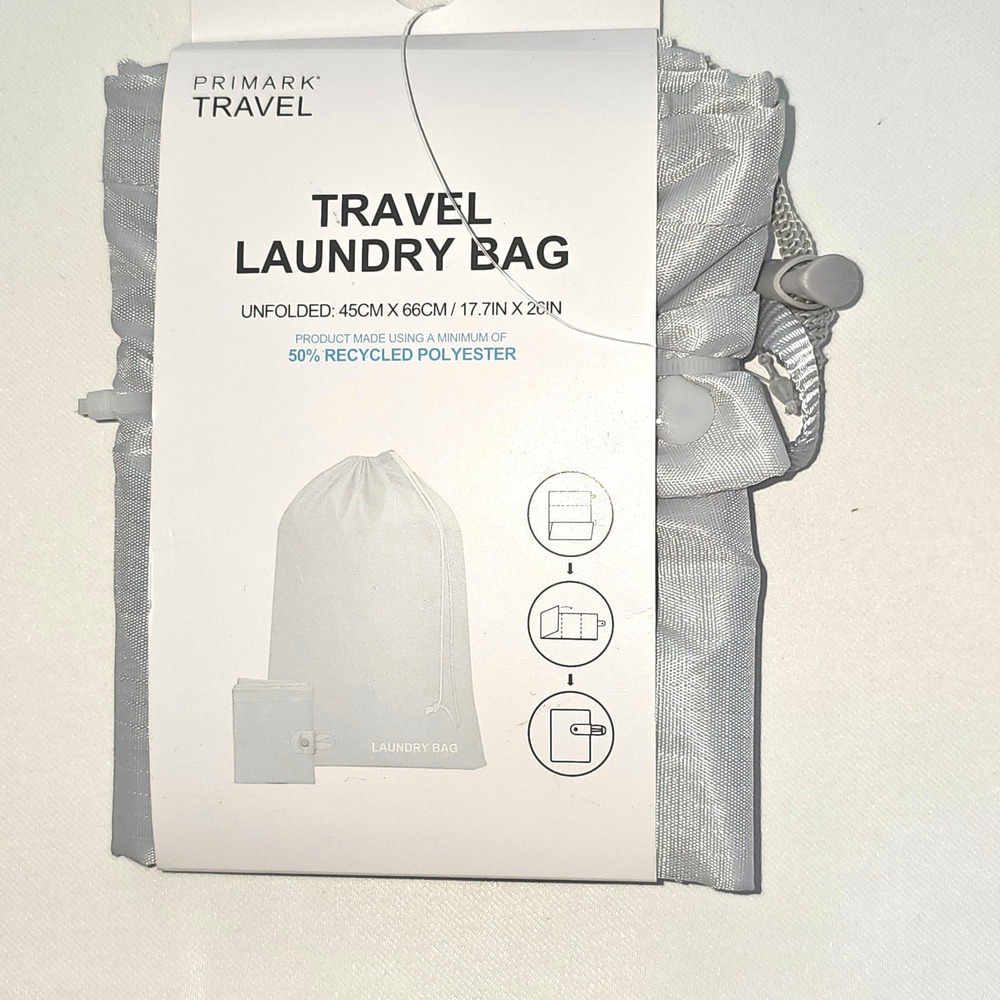 Primark Travel Laundry Bag Grey Recycled Polyester Foldable Drawstring New